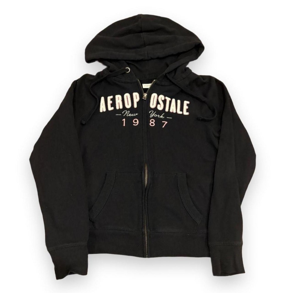 Aeropostale Womens Black Full Zip Logo Hoodie Embroidered New York 1987 Medium